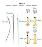 QWALIT Piercing Taper Threadless Insertion Tool - Titanium Labret Pin 16g, 18g, 20g - color: D12 - Gold Threaded+Threadless