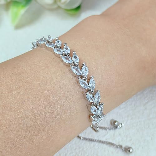 3PCS Tennis Bracelets for Women Set - Stackable Gold & Silver Plated Brass - Round & Marquise Cubic Zirconia - Adjustable & Foldover Clasp - Elegant Jewelry Gift for Her, Mom, Wife, Girlfriend - color: Silver - 3PCS Bracelet Set