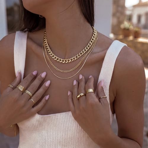 Tewiky Layered Necklaces for Women Non Tarnish- Chunky 14k Gold Plated Herringbone/Snake/Rope/Box/Cuban Link Chain for Women Waterproof Layering Stack Choker Necklace Trendy Dainty Tarnish Free Jewelry Set - color: 3 Chunky cuban/box-Gold