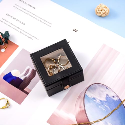 Small Leather Jewelry Box with Glass Top Mini Earring Display Case with 4 Grid for Selling Gift for Girls and Women (Black) - color: Black-A