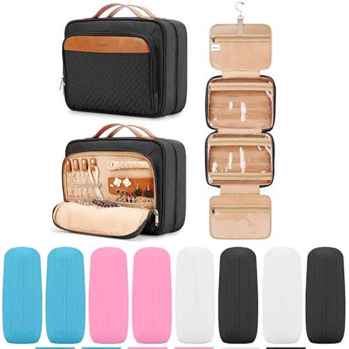 Travel Hanging Toiletry Bag for Women, Large Makeup Bag 8 Leak Proofing Silicone Bottle Covers, Waterproof Cosmetic Bag with Jewelry Organizer Compartment, Toiletries Kit Set, Black - color: Black, size: Large*1 + Leak Proofing Bottle Covers*8