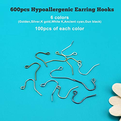 600pcs French Earring Hooks for Jewelry Making,Hypoallergenic Ear Wires Earring Hooks for DIY Craft Earring Making(6 Colors) - color: 600Pcs Gold,Silver,K Gold,White K,Ancient Cyan,Gun Black