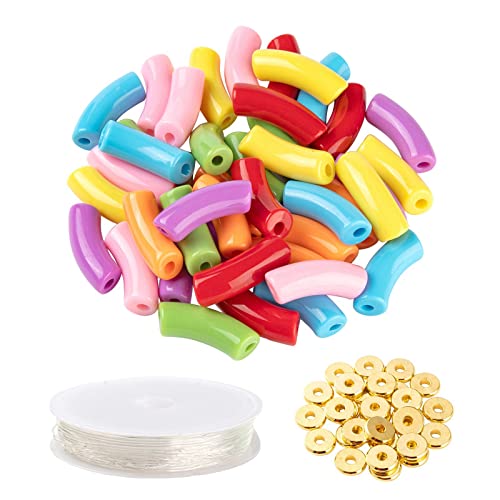 Spritewelry 42pcs Chunky Tube Beads for Bracelets Making Acrylic Curved Tube Bamboo Beads Noodle Spacer Beads Imitation Gemstone for Trendy DIY Bracelet Making Keychain Wristlet Tube Beads - color: Mixed Color-2