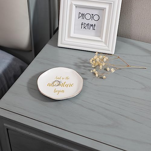HOME SMILE And So The Adventure Begins Ring Dish-Inspirational Bridal Shower, Bachelorette Party, Engagement Wedding Gifts, Congratulation Present for New Chapter,Ceramic White - style: And So The Adventure Begins