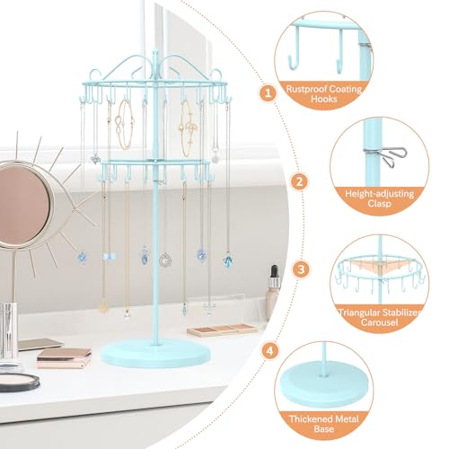 iDavosic.ly 2 Tier Rotating Necklace Holder Organizer with 42 Hooks, Adjustable Metal Bracelet Display Stand Rack, Extra Tall Keychain Spinning Tree Tower for Women, Blue - color: Light Blue