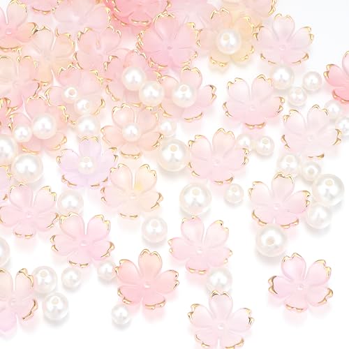 100Pcs Cherry Blossom Acrylic Flower Beads, 5-Petal Gold-Plated Gradient Floral Bead with 90Pcs Multi-Size Beige Pearls for Bracelets Earrings DIY Adult Jewelry Making (Pink-Yellow Gradient - color: Pink-Yellow gradient, size: Flower & Pearl Beads
