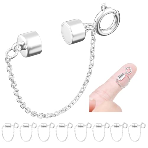 MKCYD 8Pcs Magnetic Bracelet Clasps and Closures with Safety Chain Never Fall Silver Bracelet Extender Converter Magnetic Clasps for Women - color: 8Pcs Silver