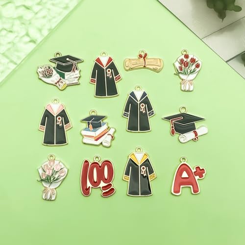 24pcs Alloy enamel graduation season set graduation hat diploma academic dress bouquet Pendant Jewelry Making DIY Keychain Earrings Pendant Various Design Charms for Jewelry Making Bracelets Necklace (SN722) - color: SN722