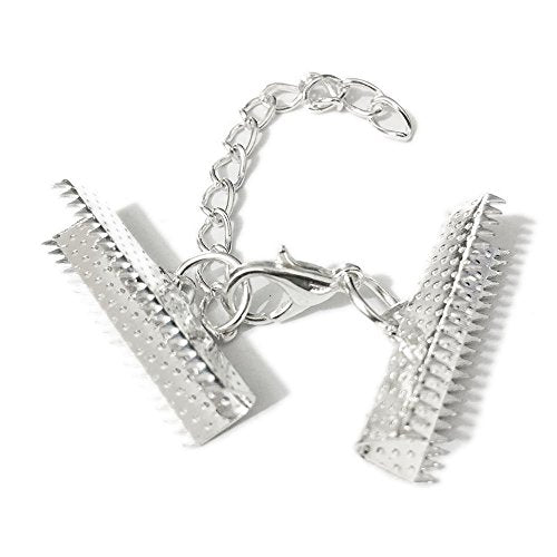 10 Set Ribbon Clamp Crimp Ends Beads Flat Cover with Lobster Claw Swivel Clasps Extension Chain Jump Rings Cords End Caps String Leather Clip Foldover Necklace Bracelet Connectors (Silver Crimp 30mm) - color: Silver Crimp 30mm