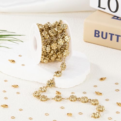 GTVOODX 18k Gold Plated Soldered Jewelry Making Chains 6.6 Ft Four Leaf Clover Stainless Steel Handmade Bulk Chain Roll for DIY Jewelry Necklace Bracelet Making with Jump Rings and Lobster Clasps - color: Gold Four Leaf Clover