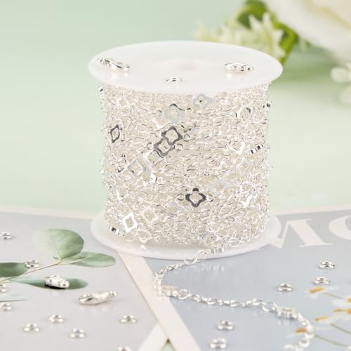 KYUNHOO 16.4 FT/5M Hollow Clover Chains for Crafts Silver Jewelry Making Chain Roll on Bulk with Clasps for Women DIY Supply Jewelry Findings - color: Clover Silver