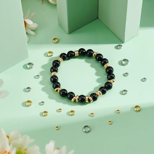 PH PandaHall 220pcs 6 Styles 18K Gold Spacer Beads with Large Hole Stainless Steel Smooth Round Spacer Beads, Flat Round Donut Metal Beads for Jewelry Bracelet Necklace