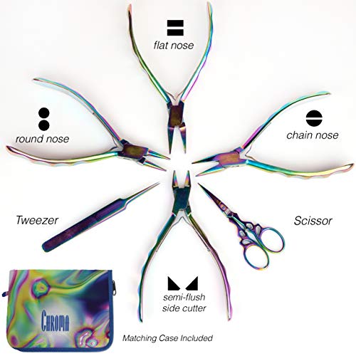The Beadsmith 6-Piece Chroma Set - Jewelry-Making Tools Kit, Rainbow Titanium Finish, Includes 4 Pliers w/Tweezers and Scissors, Matching Case Included