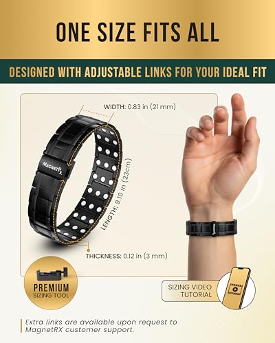 MagnetRX® 3X Strength Magnetic Bracelets for Men – Effective Titanium Mens Magnetic Bracelet – Premium Fold–over Clasp & Adjustable Length with Sizing Tool & Gift Box (Black) - color: Black (3X Strength)