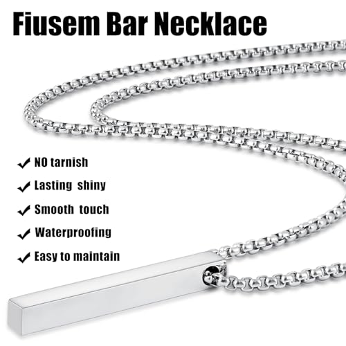 Fiusem Pendant Necklace for Men, Silver Tone/14k Gold Plated/Black Mens Pendant Necklaces with 2.5 mm Box Chain, Stainless Steel Bar Chain, 18-28 Inches - color: silver, size: 22 Inches, style: Pierced Rectangle