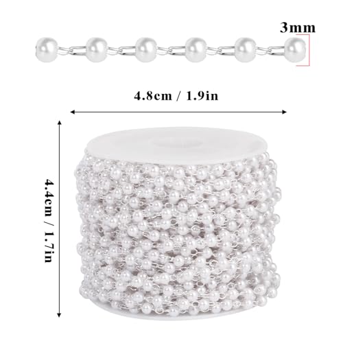 33 Feet Silver Pearl Beads Chains Roll, 3mm Faux Pearls Beaded Silver Plated Brass Cable Link Chain Spool Bulk for Jewelry Making DIY Craft - color: 3.0MM Silver Color