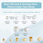 Beebeecraft 1 Box 600Pcs 6 Styles Silver Crimp Beads 18K Gold & Sterling Silver Plated Tube Crimp Beads 1/2/2.5mm Column Stoppers End Caps Loose Spacer Beads for Jewelry Making