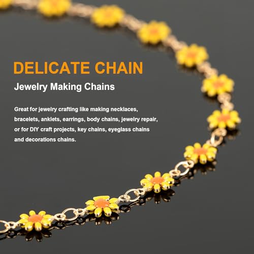KYUNHOO 16.4FT/5M Jewelry Making Chain Roll Gold Plated Brass Chain for Crafting Beautiful Daisy Chain Spool with Jewelry Clasps for DIY Finding Supplies - color: Yellow Daisy
