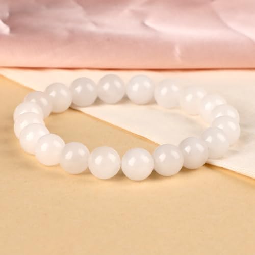 LPBeads Handmade Natural Gemstone Stretch Elastic Bracelet Healing Crystal Round Stone Beads Jewelry Gifts for Women Men - color: White Jade, size: 10mm