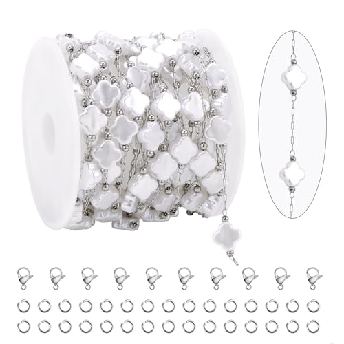 KYUNHOO 13 Feet Stainless Steel Silver Jewelry Making Chains Clover Leaf Shaped Faux Pearl Chain Roll with Jewelry Clasps for Handcraft DIY - color: Clover Silver