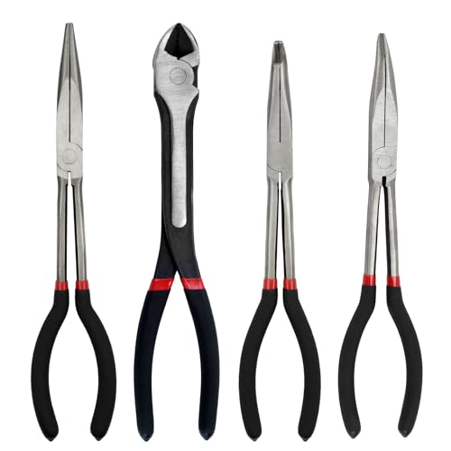 4-Piece 11" Extra Long Needle Nose Pliers Set with Insulated Comfort Grip, Straight Long Reach, 45/90°Bent Nose & Diagonal Pliers for Bending, Shaping & Trimming in Narrow Spaces - size: 4Pcs-Straight/45/90