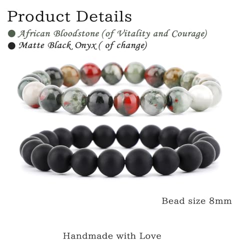 NCB 2.3-Piece 4mm Natural Crystal Gemstone Stretch Bracelets – Handmade Reiki Energy Healing Jewelry for Meditation,Yoga, Unisex - color: 2PCS ( African Bloodstone+Matte Black Agate ), size: 8mm