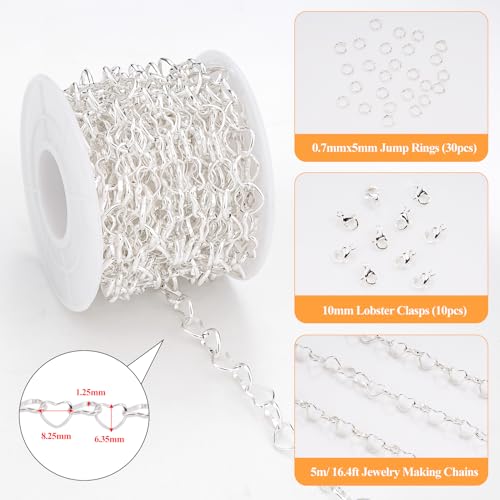 5 Yard Silver Plated Stainless Steel Chain for Jewelry Making Hollow Heart Necklace Bracelet Chains Bulk for Women - color: Heart Silver