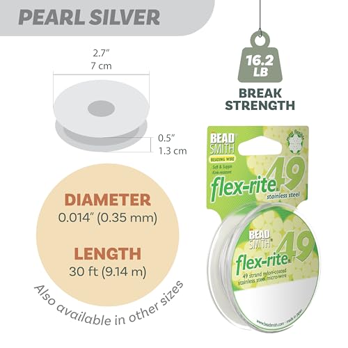 The Beadsmith Flex-Rite Beading Wire - 49-Strand Nylon-Coated Stainless-Steel Wire, 0.014" (0.35 mm) Dia, Pearl Silver, 30 ft Spool, Durable Necklace & Bracelet String, for Jewelry Making Supplies - color: Pearl Silver, size: .014” Dia - 30 ft