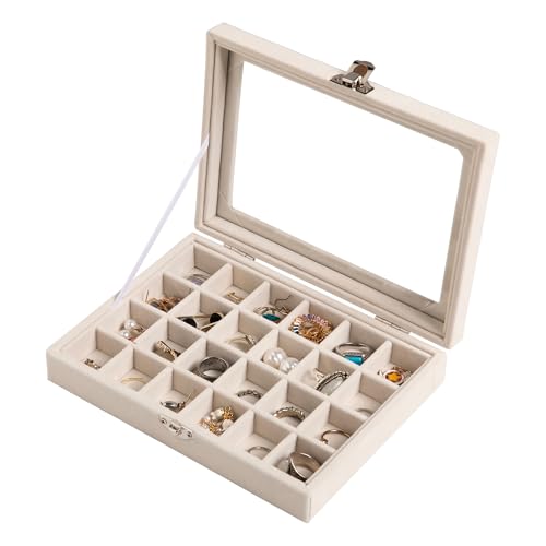 Frebeauty 24 Grid Jewelry Tray,Velvet Stud Earring Organizer,Small Jewelry Organizer with Clear Lid,Lockable Earring Holder Organizer Jewelry Boxes & Organizer Ring Holder for Women & Girls(Beige) - color: Beige