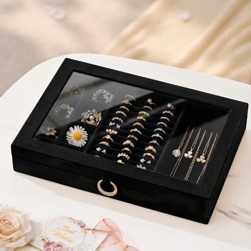 bussdis Glass Lid Jewelry Organizer Box – Black Velvet Jewelry Case with Ring Slots, Necklace Hooks & Removable Compartments for Earrings, Rings & Bracelets - color: Black