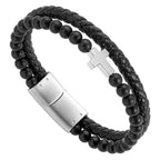 Mens Bracelet Fathers Gifts Day Black Braided Leather Stainless Steel Cross Jewelry Charming Bracelet Embedded with Black Agate Beads,Perfect for Wedding, Parties, and Everyday,Bible Verse Christian Religious Gift(7.5/8.5/9 Inch) - color: F+silver+8.5