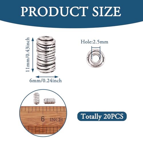 Craftdady 20Pcs Antique Silver Column Spacer Beads 11x6mm Tibetan Metal Tube Loose Beads for Jewelry Making Hole: 2.5mm
