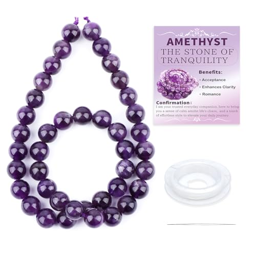 Natural Stone Beads Round Genuine Real Stone Beading Strand Loose Gemstones DIY Smooth Bead for Bracelet Necklace Earrings Jewelry Making (Amethyst, 10mm 36 Pieces) - color: Amethyst, size: 10mm 36pcs