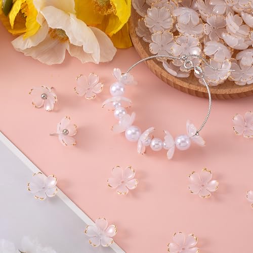 100Pcs Cherry Blossom Beads, 5-Petal Acrylic Flower Beads, Mini Spacer Hair Accessories Halloween Christmas for Bracelets Earring Jewelry Making- White - color: White