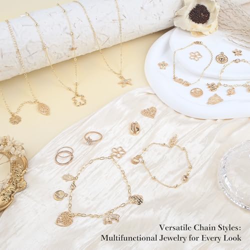 14k Gold Necklace Chain for Jewelry Making, 16.6 Feet Total (5 Rolls) DIY Bracelet Chains with 300 Jump Rings, 50 Lobster Clasps, 1 Jewelry Pliers,1 Support Ring and 50 Pendants - color: 14K Gold-16.6Feet 5 Rolls+Pendants
