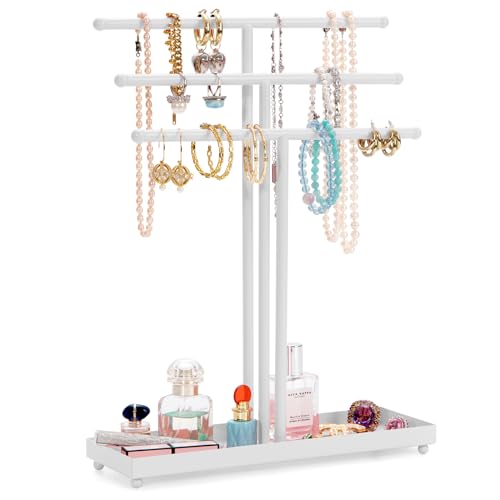 AUTODECO Jewelry Organizer Stand 3 Tier Tabletop Bracelet Rings Watches Necklace Display with Tray Great for Women White - color: Xy011-white