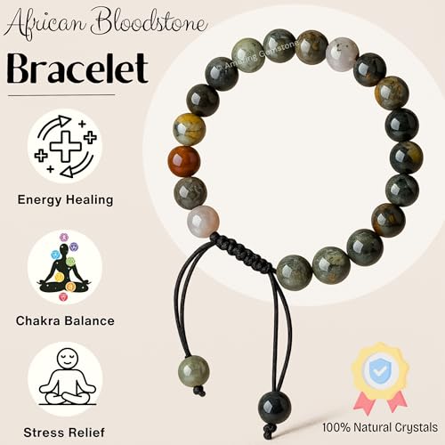 Amazing Gemstone African Bloodstone Bracelet for Women Men's Gifts - Protection Healing Crystal Bracelet - 8mm Gemstone Beaded Adjustable Bracelet Pulseras Para Hombres Mujer Stocking Stuffers - color: African Bloodstone