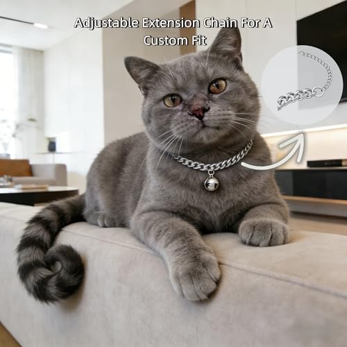 Silver Cat Chain Collar with Removable Bell,Adjustable Cuban Link Metal Necklace, Cute Pet Jewelry for Cats & Small Dogs