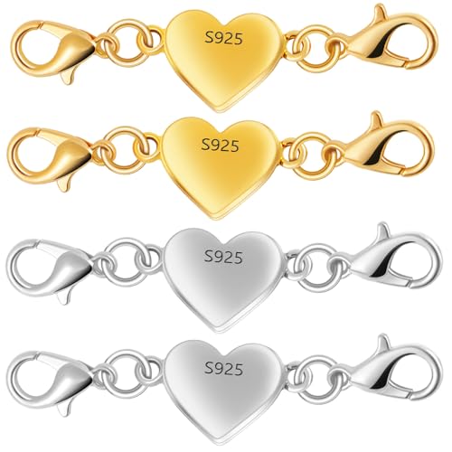 925 Silver Heart-Shaped Magnetic Necklace Clasps and Closures, Magnetic Clasp Converter for Jewelry Making Supplies,Chain Extender Connector for Necklace Bracelet (2gold + 2silver) - color: 2gold + 2silver