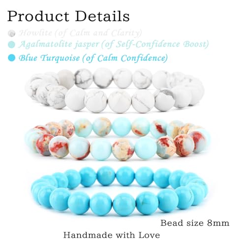 2/3-Pieces 4mm 6mm 8mm Natural Crystal Gemstone – Handmade Reiki Energy Healing Stretch Bracelets Jewelry for Yoga, Meditation, Unisex - color: 3 Pieces (AgalmatoliteJasper&BlueTurquoise&Howlite), size: 8mm