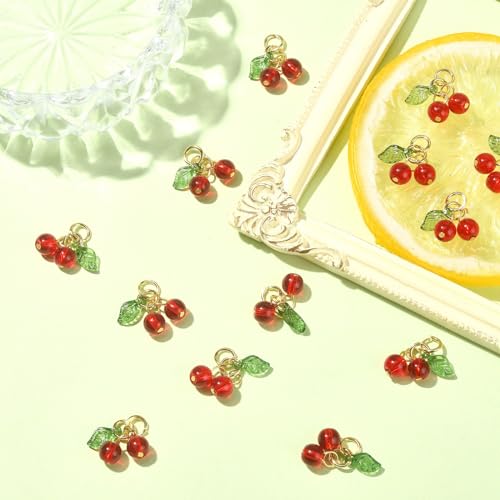 Ipotkitt 30 Pcs Red Cherry Charms Glass & Acrylic Beaded Charms Mini Cute Fruit Bead Charms for Earrings Bracelets Necklaces Jewelry Making DIY Crafts - color: 30pcs-Cherry Charms-10x15x6mm