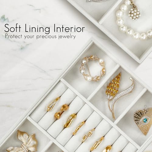 VLANDO 6 Grids & Rings Slot Jewelry Tray, Small Jewelry Organizer for Drawer, Stackable Jewelry Organizer Trays, Drawer Jewelry Organizer, Soft Lining DIY Combinations Tray - White
