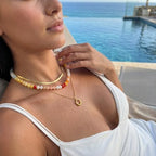 Gmai Layered Beaded Necklace for Women Colorful Trendy Snake Chain Circle Pendant Choker Gold Chain Adjustable Length Bohemian Rainbow Stackable Necklaces Jewelry Gift - style: Yellow white string beads