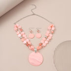 Layered Beads Statement Fashion Necklace Chunky Jewelry Set Big Colorful Glass Stone Circle Shell Pendant Choker Necklace and Earring Set for Women - color: peach