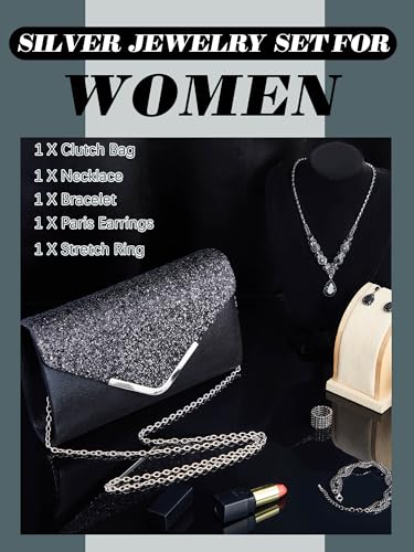 Henoyso 5 Pcs Rhinestone Jewelry Sets Prom Purse Jewelry Rhinestone Clutch Purse Bride Necklace Earrings Bracelets for Women - color: Black