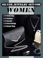 Henoyso 5 Pcs Rhinestone Jewelry Sets Prom Purse Jewelry Rhinestone Clutch Purse Bride Necklace Earrings Bracelets for Women - color: Black