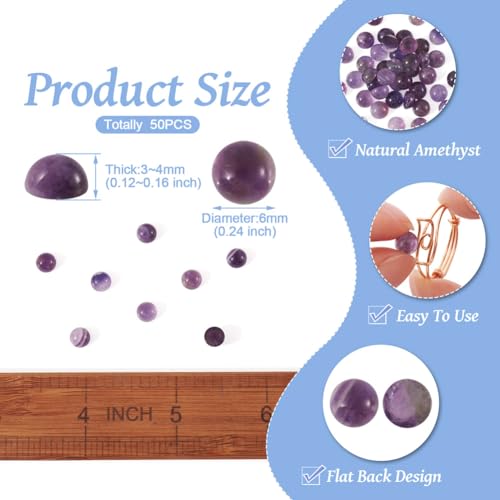 Fashewelry 50Pcs Natural Amethyst Cabochon Stone Half Round Beads 6mm Tiny Flat Back Gemstone Chakra Healing Crystal Cover Cabs for Jewelry Making - color: 1-Amethyst, size: 6x3~4mm