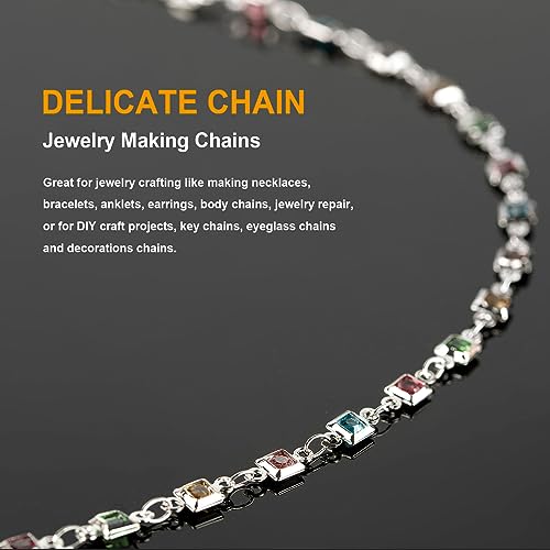 KYUNHOO 13 Feet Brass Jewelry Chain Bulk Mixed Color Rhinestones Chain for Jewelry Making with Lobster Clasps and Jump Rings Square Glass Bead Link Chain Women Necklace Anklet DIY Craft Chain - color: Square Bead-Silver