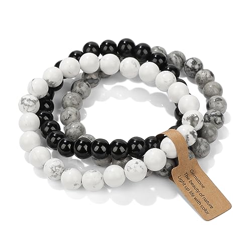 3 PCS Healing Crystal Bracelets for Women 8mm Natural Stone Beaded Stretch Bracelet Amethyst Jewelry Gifts - color: 10 8mm Map Stone & Howlite