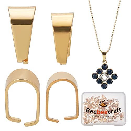 Beebeecraft 120Pcs 2 Size Pinch Clip Clasp Bail 18K Gold Plated Finish Necklace Clasps Pendant Charms Connectors Bails for Necklace Jewelry Findings - color: Golden#3